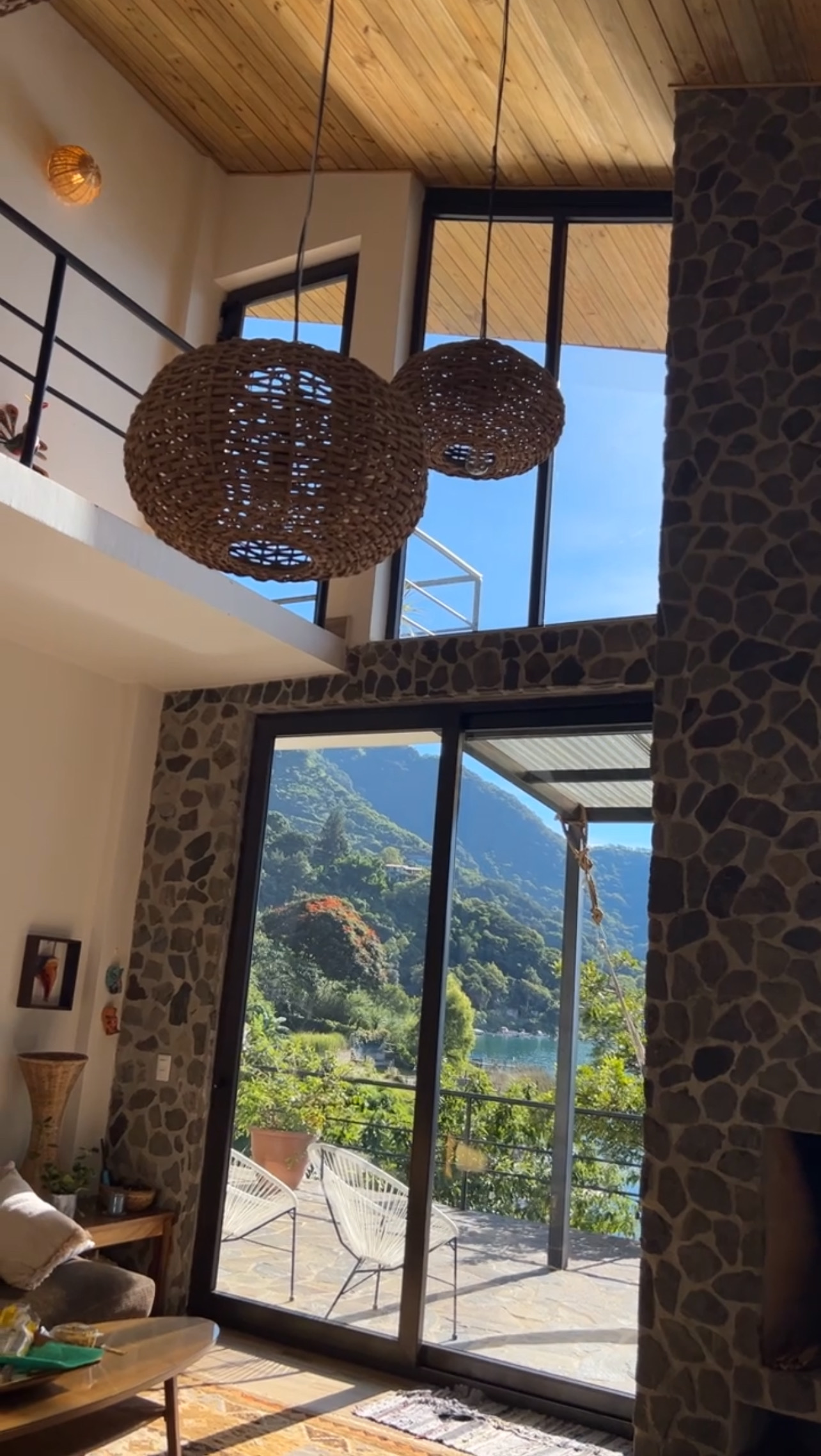 Interior looking out toward mountains and water
